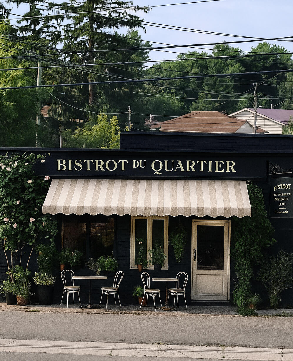 Garden District Napanee Exterior of a cozy neighborhood bistro with striped awning, outdoor café tables, and lush greenery staged to maximize client attraction.